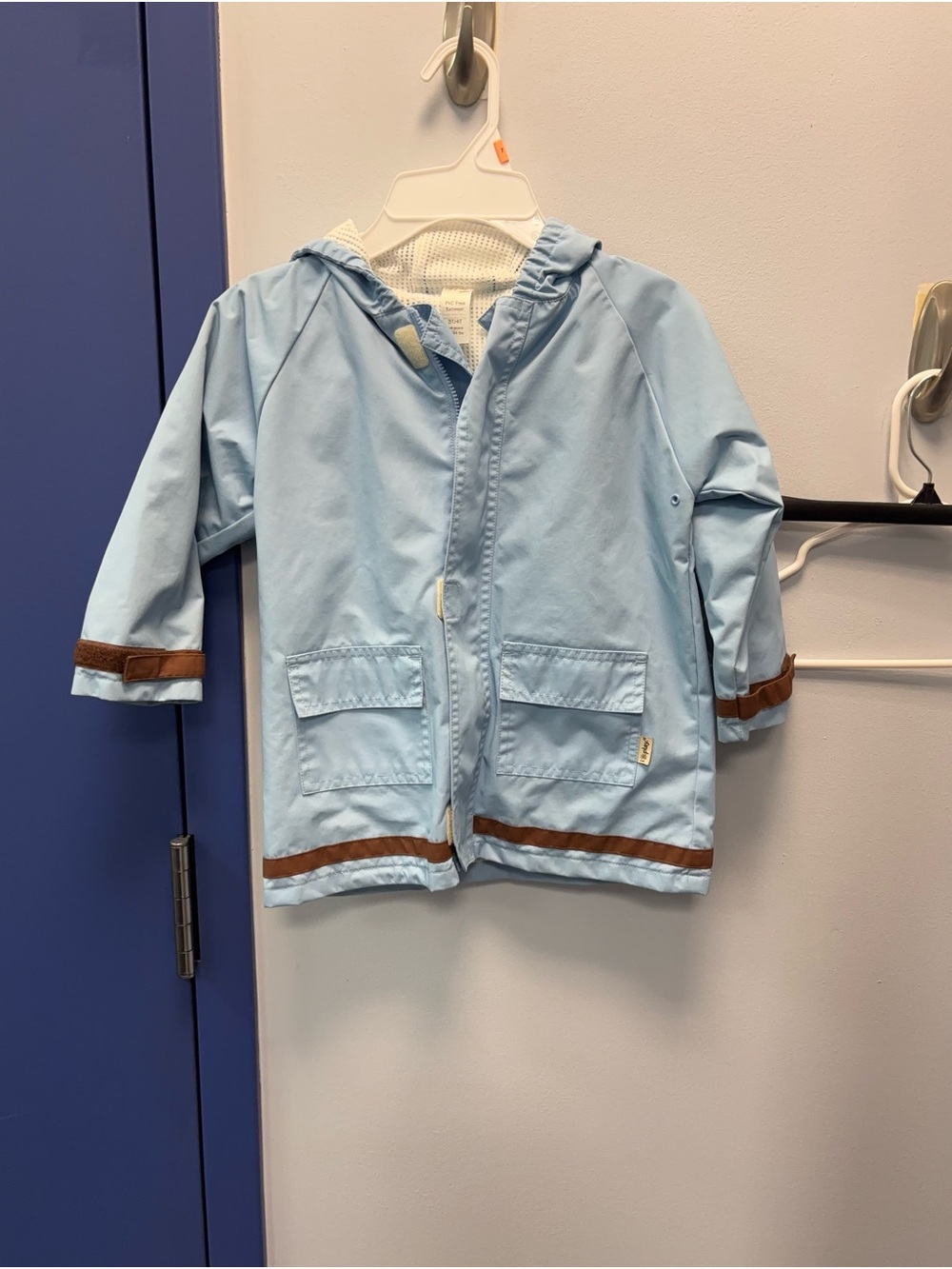 i play. Light Blue Hooded Kids Raincoat with Brown Trim PVC Free